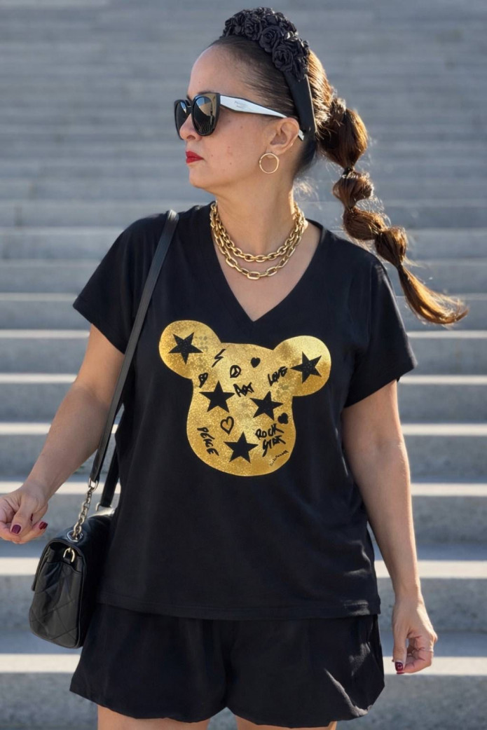 Camiseta Over Gold Bear Noc Atelier | Camiseta Negra Mujer