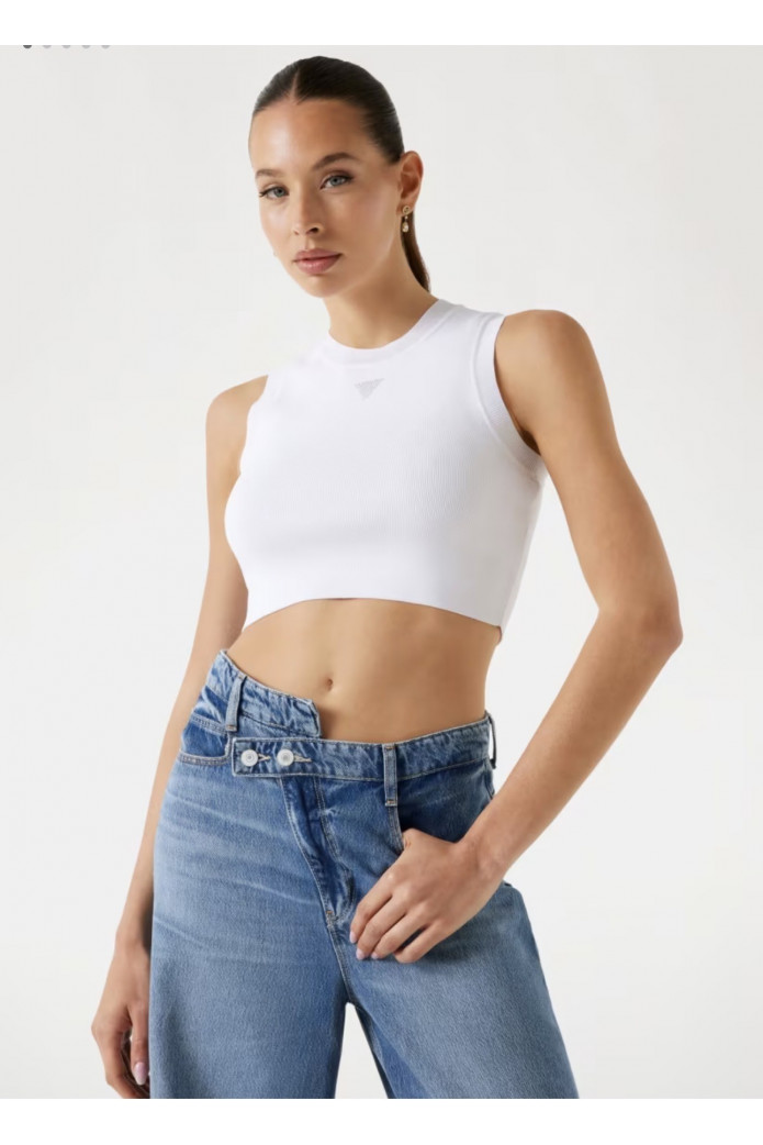 Camiseta sin mangas Guess mujer | Top blanco crop básico – FriendsnShop