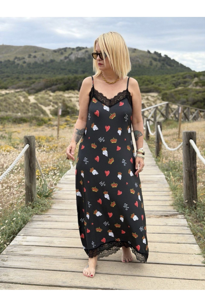 Vestido lencero Capri negro Noc Atelier | Vestido largo con encaje y estampado – FriendsnShop