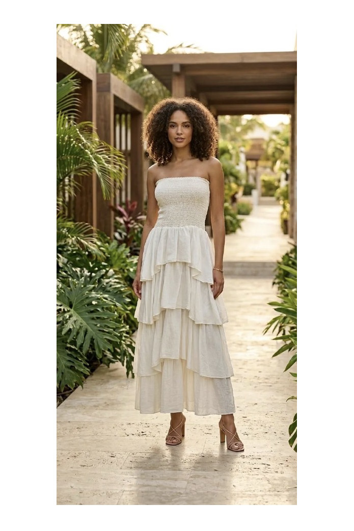 Vestido nido de abeja con volantes | Vestido largo palabra de honor – FriendsnShop