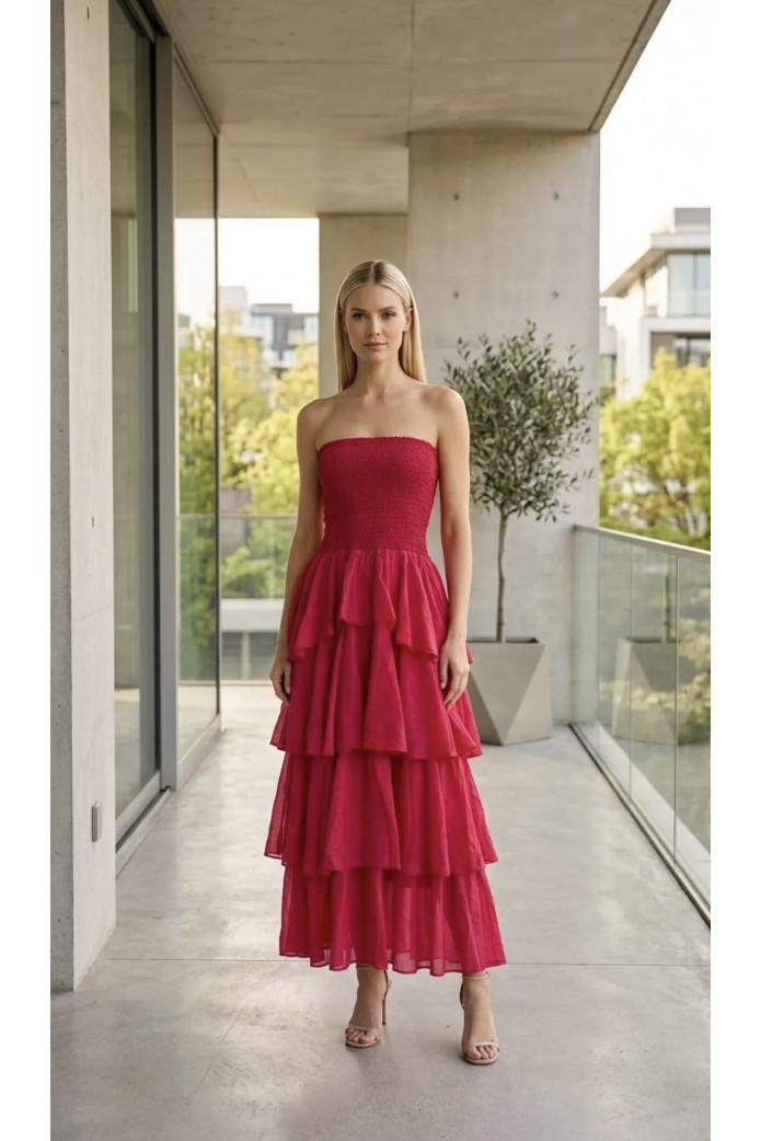 Vestido nido de abeja con volantes | Vestido largo palabra de honor – FriendsnShop