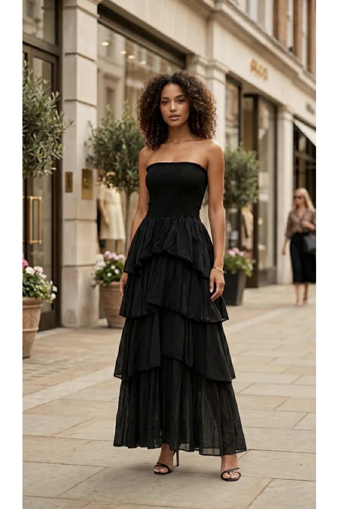 Vestido nido de abeja con volantes | Vestido largo palabra de honor – FriendsnShop