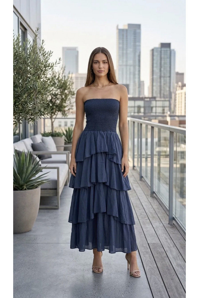 Vestido nido de abeja con volantes | Vestido largo palabra de honor – FriendsnShop