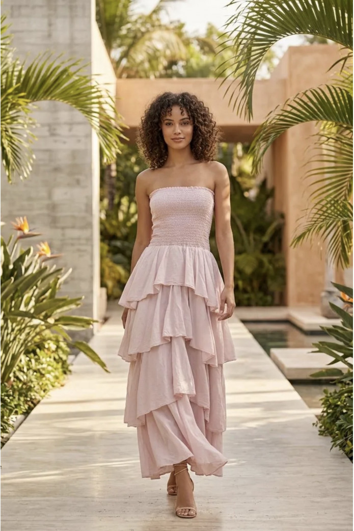 Vestido nido de abeja con volantes | Vestido largo palabra de honor – FriendsnShop