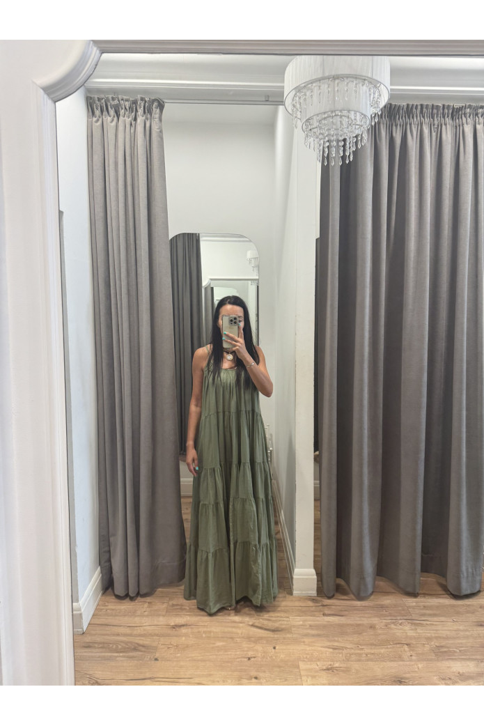 Vestido Largo Verde Kaki 100% Algodón con Bolsillos | FriendsNShop