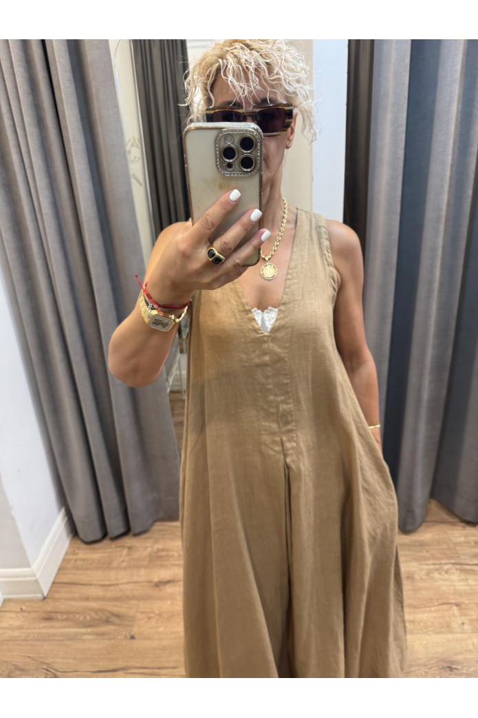 Vestido Marrón con Bolsillos 100% LINO | Vestido Largo Boho Chic Mujer