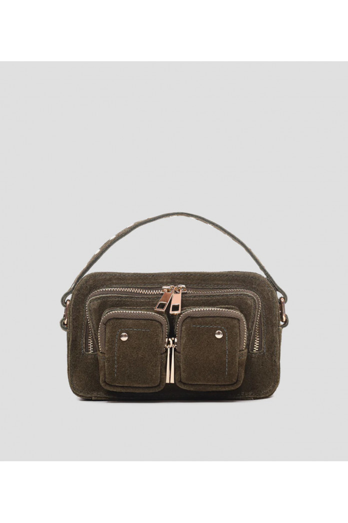 Helena Suede Dark Olive – Bolso de ante verde oliva con detalles dorados- nunoo
