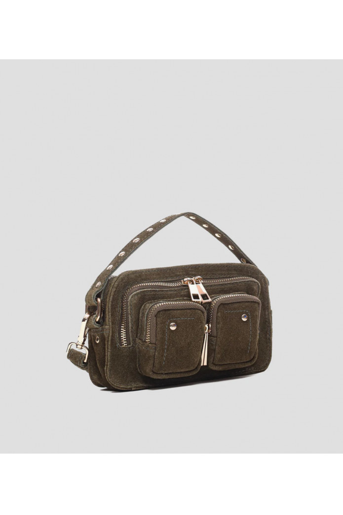 Helena Suede Dark Olive – Bolso de ante verde oliva con detalles dorados- nunoo