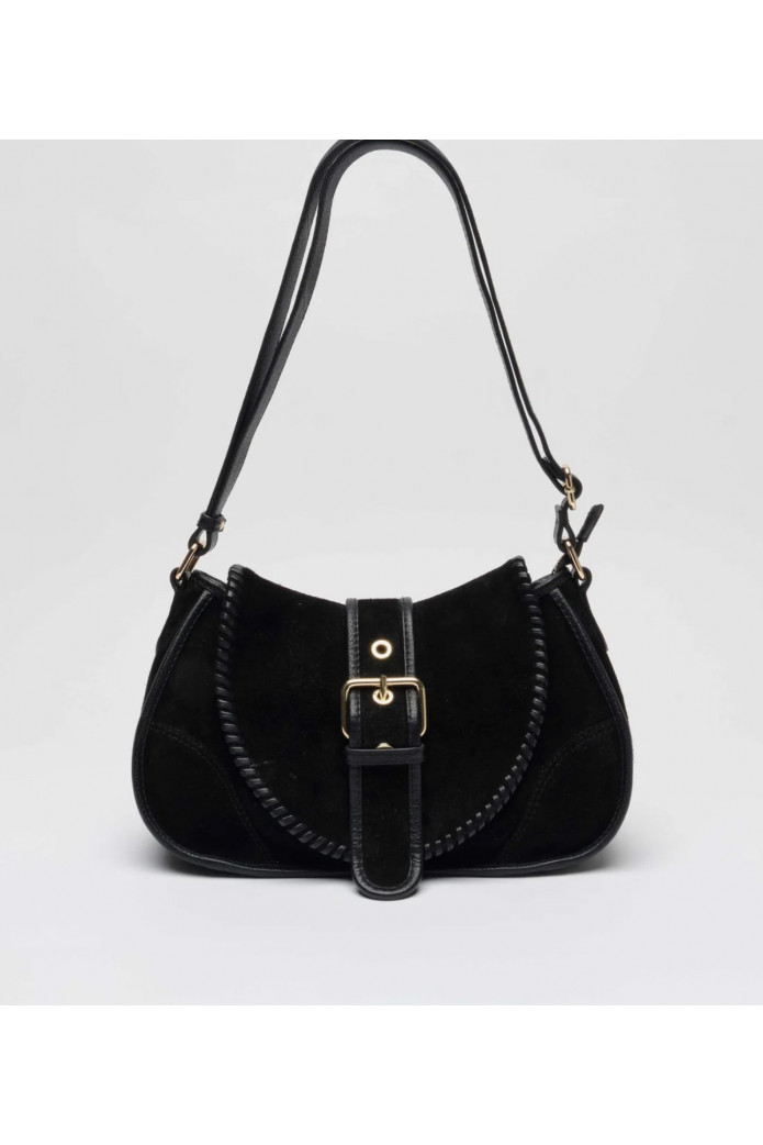 Maria Stitch Suede Black Gold – Bolso de ante negro con remates en piel- nunoo