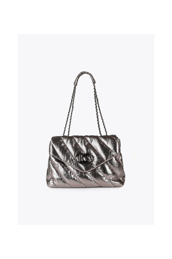 Bolso con solapa en tejido acolchado metálico gris – Lola Casademunt