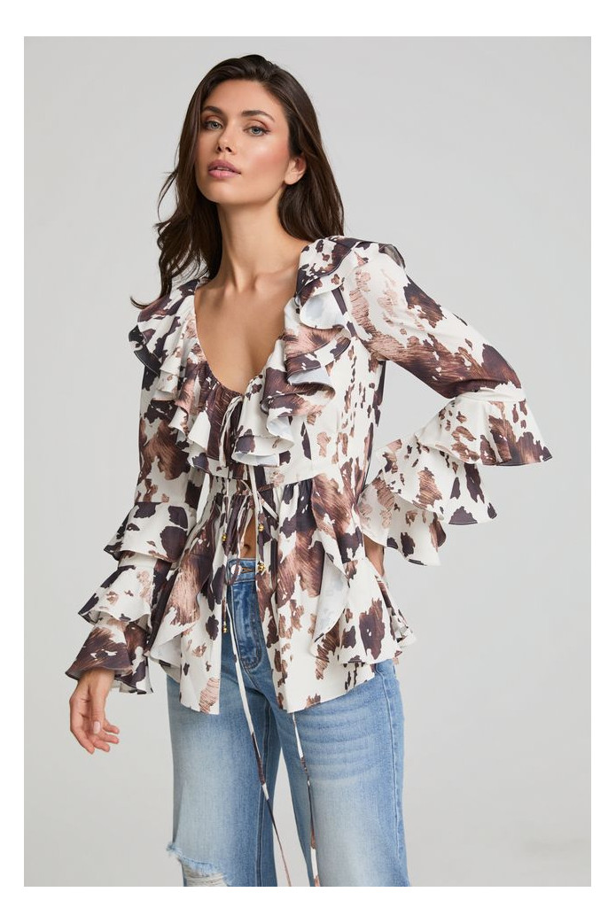 Guapa Cow Blouse Fetiche Suances – Blusa estampada boho chic con volantes