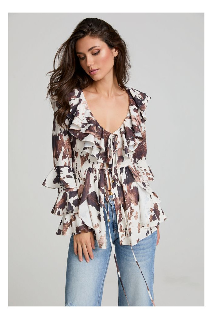 Guapa Cow Blouse Fetiche Suances – Blusa estampada boho chic con volantes