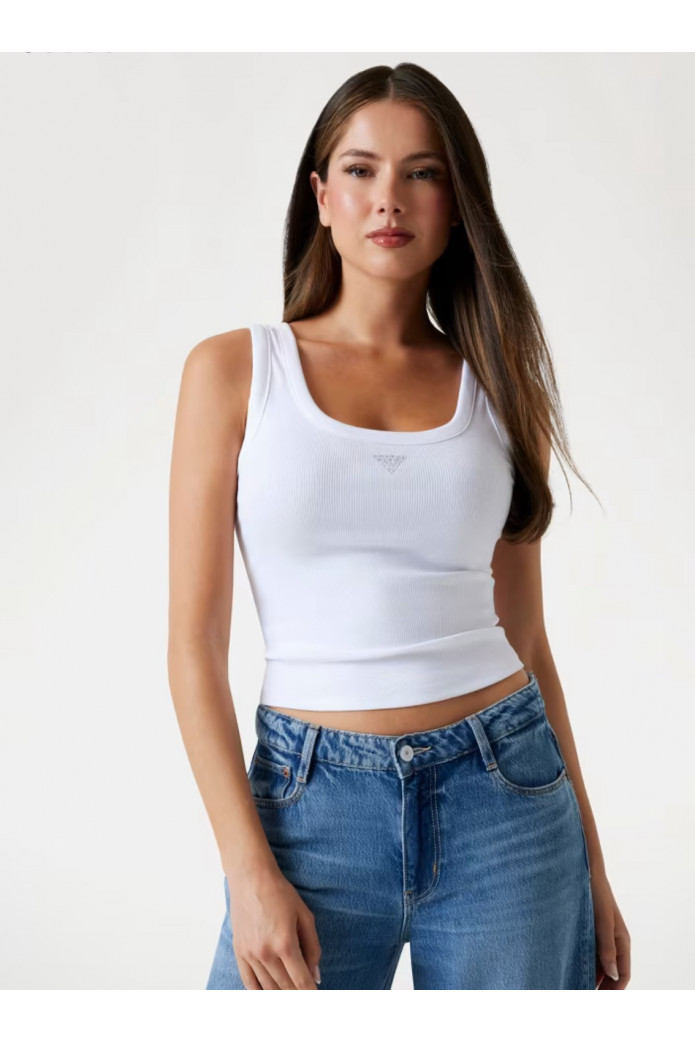 Top sin mangas con logotipo triángulo con strass de Guess – Estilo icónico y brillo elegante