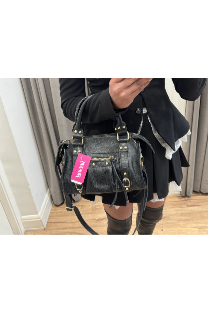 Bolso de Piel Negro con Tachuelas y Cremallera