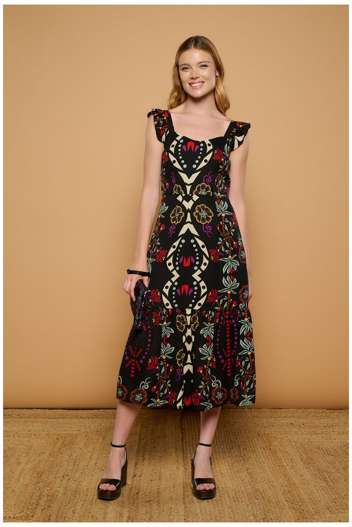 Catxuli Dress Minueto – Vestido Midi Negro Estampado Floral | FriendsnShop