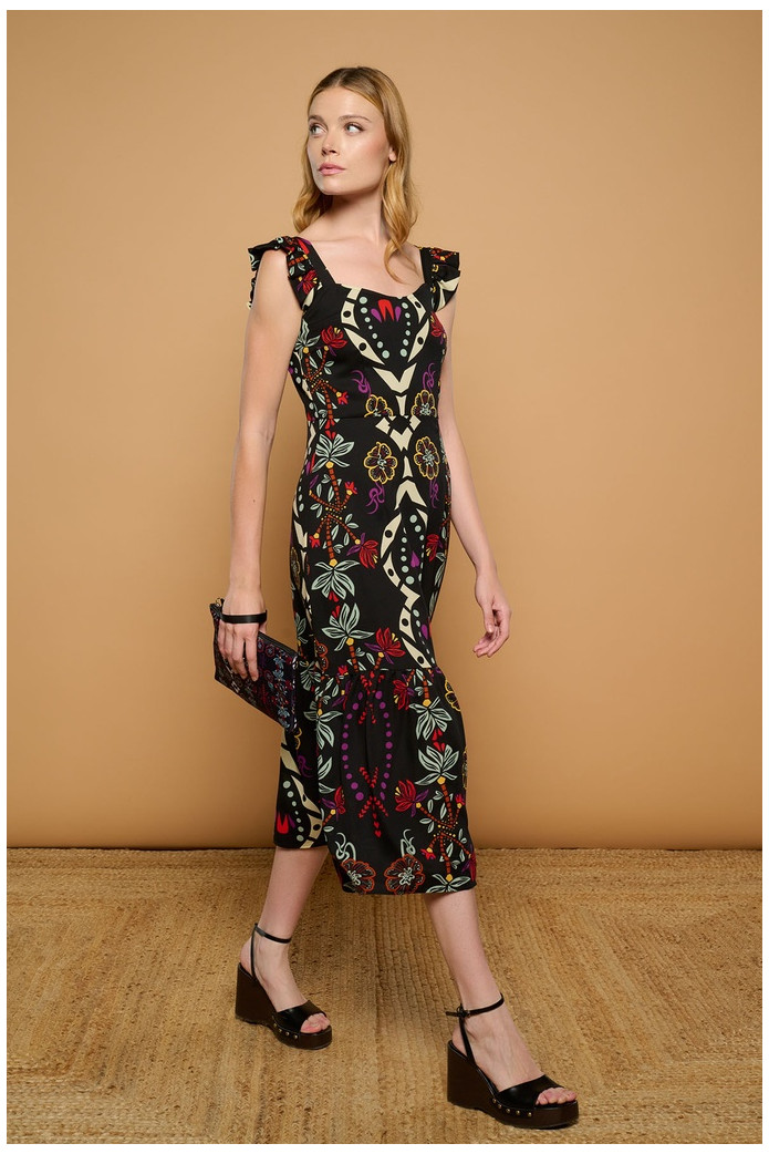 Catxuli Dress Minueto – Vestido Midi Negro Estampado Floral | FriendsnShop