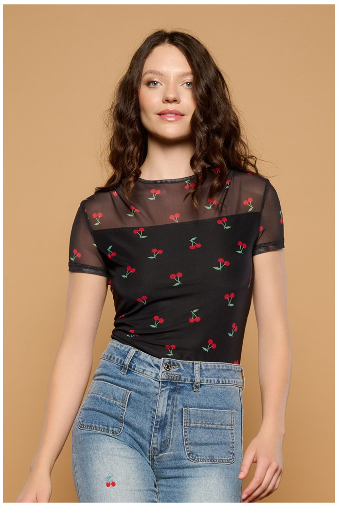 Cherry Top Minueto – Top Negro Transparente Estampado Cerezas | FriendsnShop