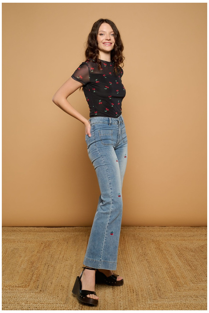 Cherry Top Minueto – Top Negro Transparente Estampado Cerezas | FriendsnShop