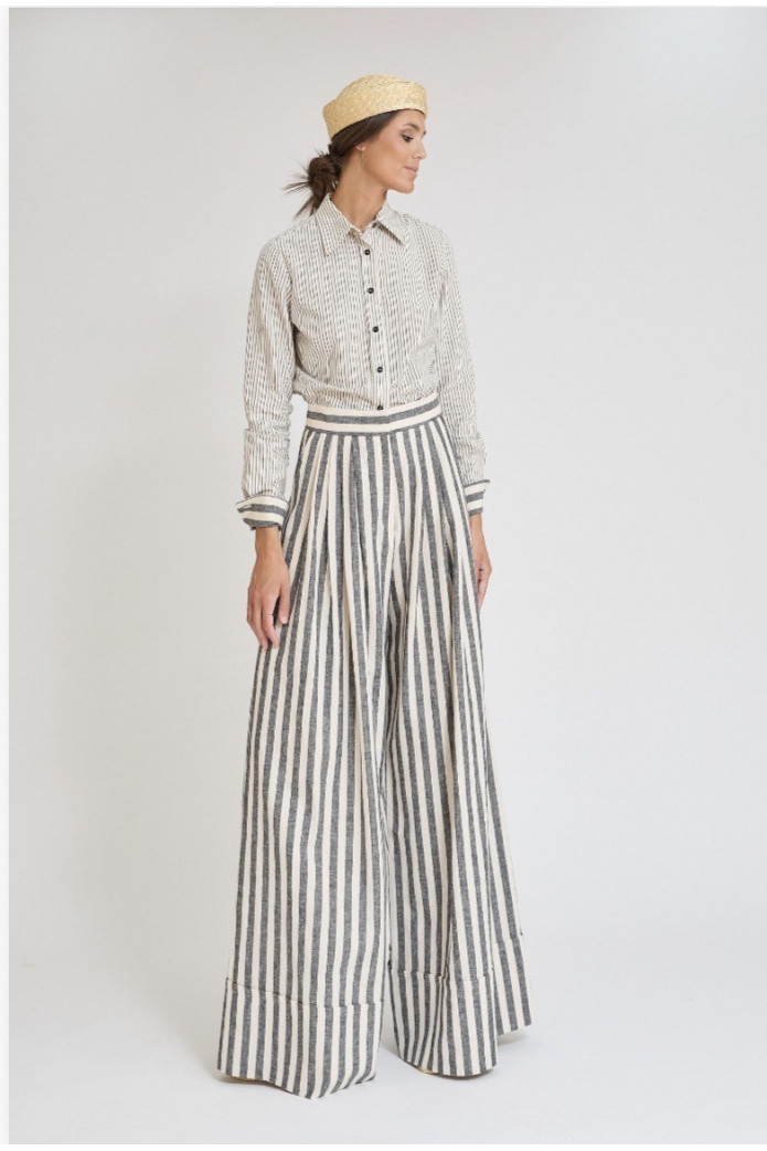 Pantalón Samuray Rayas Gris y Blanco – Palazzo Algodón Lino | Zaitegui